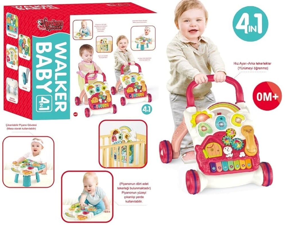 Vardem Piyanolu 4in1 Turkuaz Bebek Yürüteci (Pembe Renk)