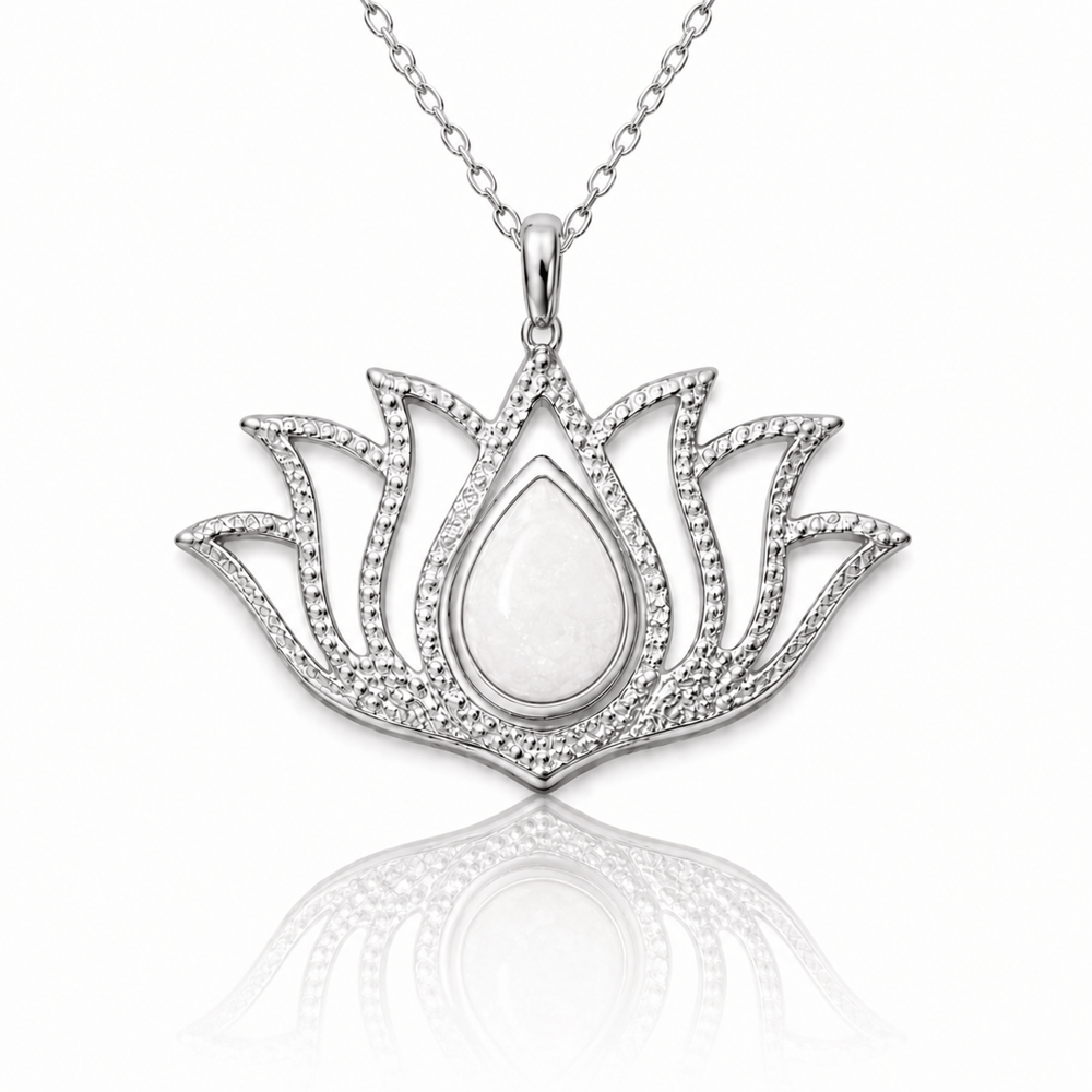 Gümüş Beyaz Opal Taşlı Lotus Kadın Kolye