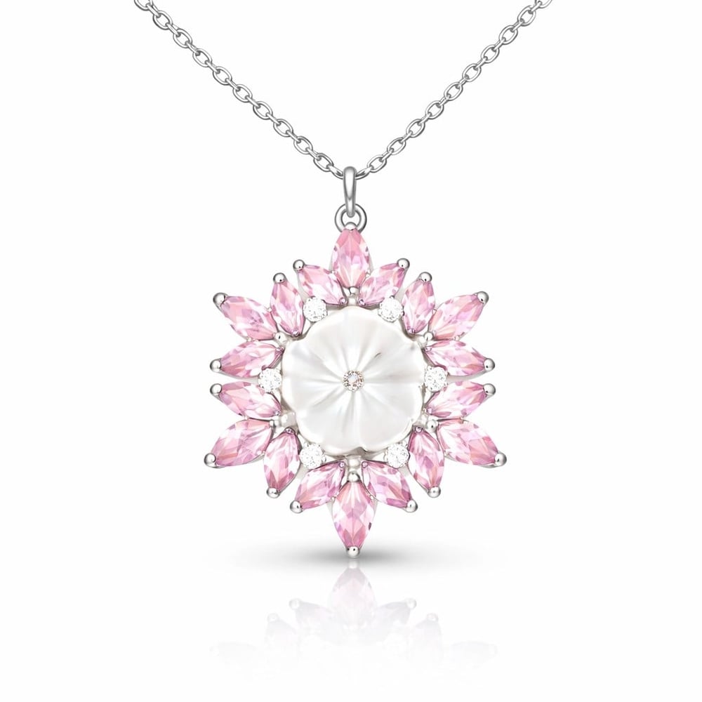 Gümüş Pembe Lotus Desenli Çiçek Kadın Kolye