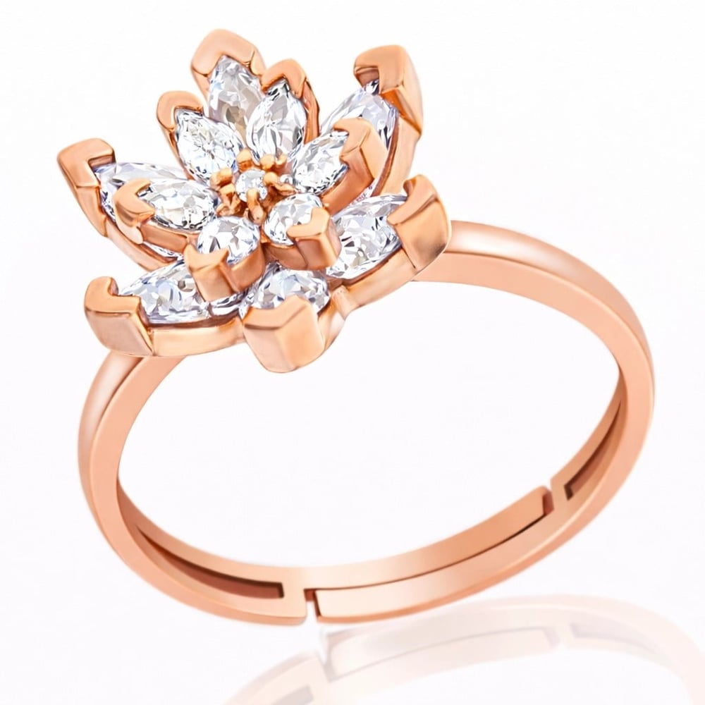 Gümüş Rose Beyaz Taşlı Lotus Çiçeği Kadın Yüzük