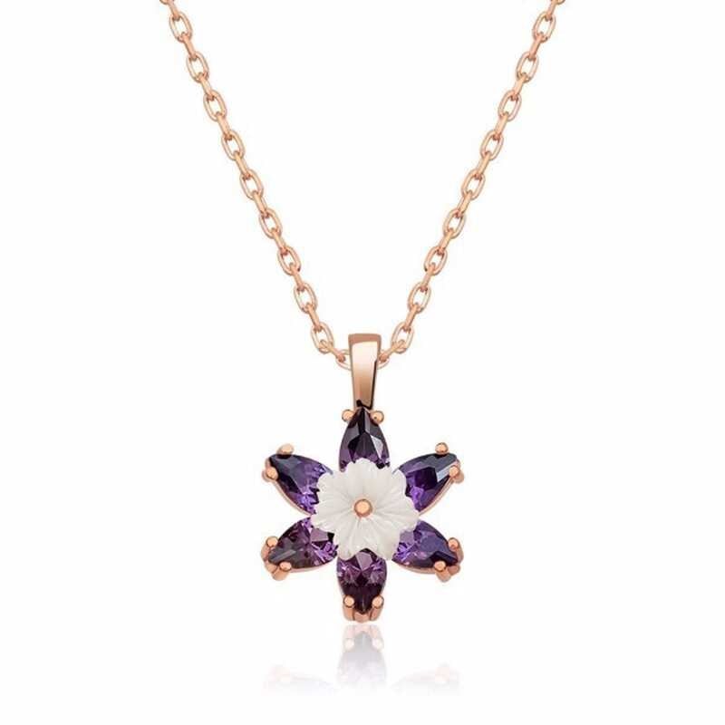 Gümüş Rose Mor Lotus Çiçeği Kolye