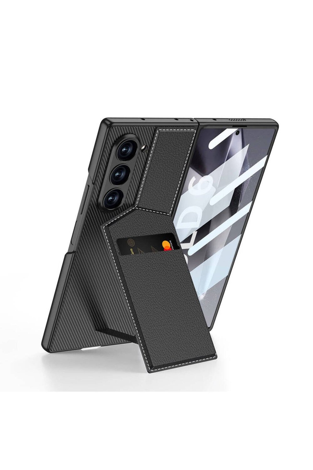 Galaxy Z Fold 6 Kılıf Karbon Fiber Deri Kartlıklı NVTH Kıpta Dik Açılan Kartlıklı Kapak-Siyah