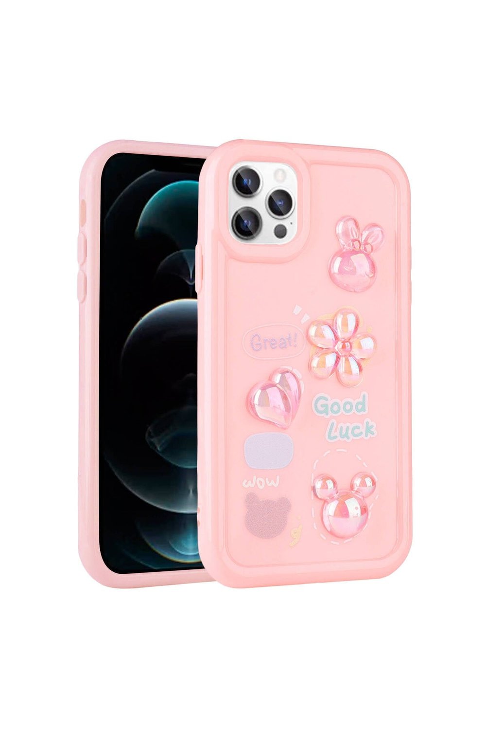 iPhone 13 Pro Max Uyumlu Kabartma Figürlü Parlak NVTH Toys Silikon Kılıf-Pembe