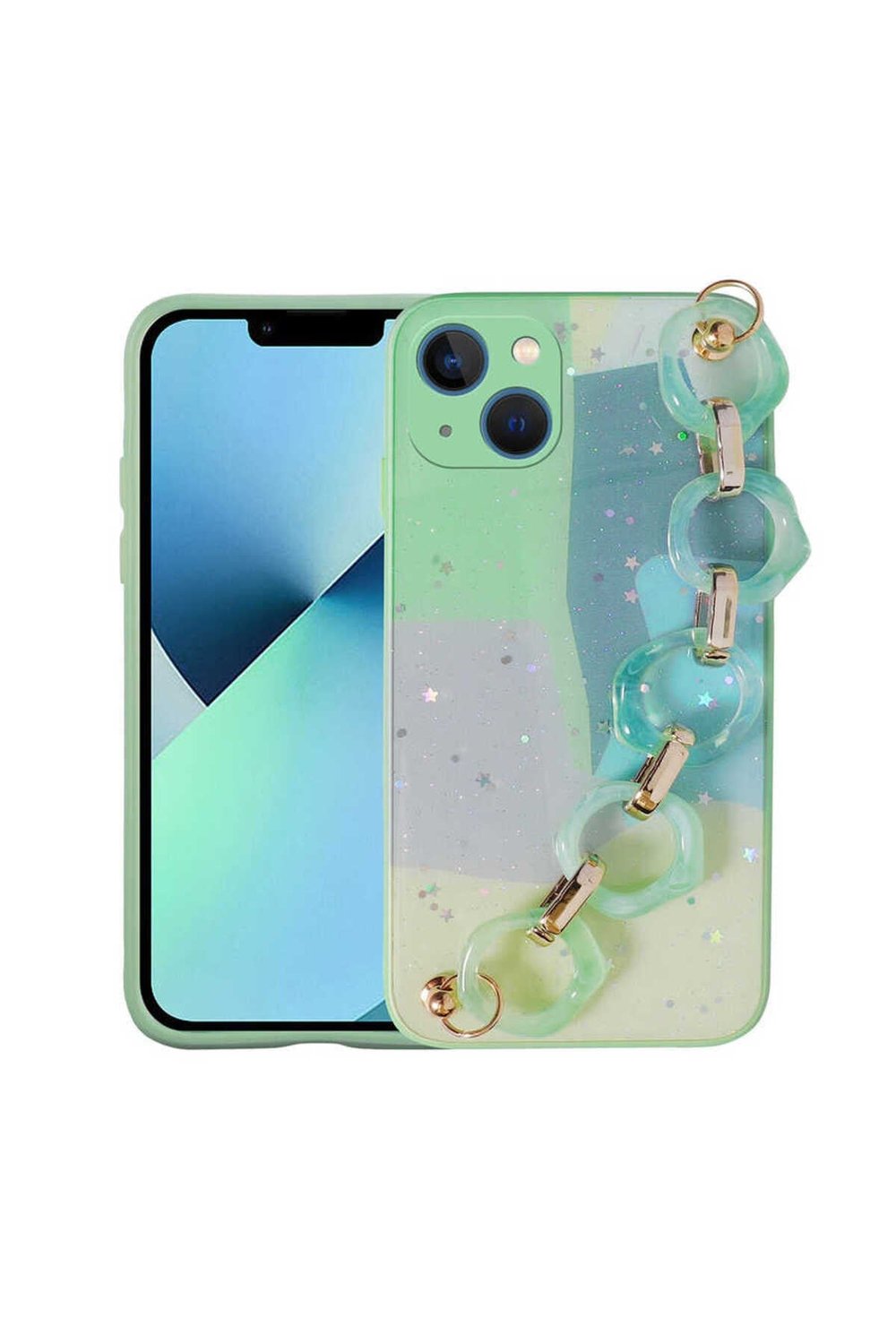 iPhone 13 Uyumlu Simli Desenli El Askılı Tutacaklı NVTH Elsa Silikon Kılıf-Yeşil