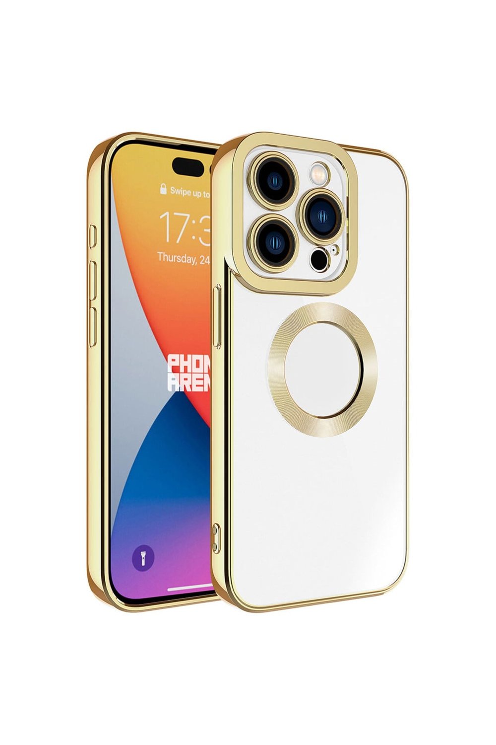 iPhone 15 Pro Uyumlu Kamera Korumalı Logo Gösteren NVTH Omega Kılıf-Gold