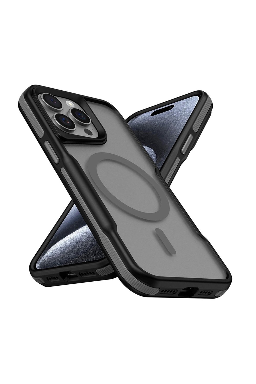 iPhone 15 Pro Uyumlu Magsafe Şarj Özellikli Renkli Kenar Airbag Şeritli NVTH Lamer Kapak-Gri