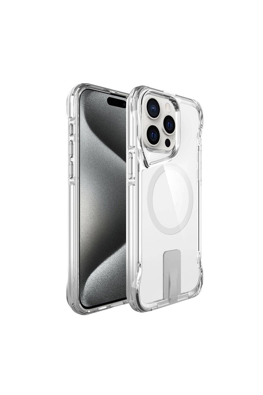 iPhone 15 Pro Uyumlu Magsafe Şarj Özellikli NVTH T-Max Standlı Kılıf-Renksiz