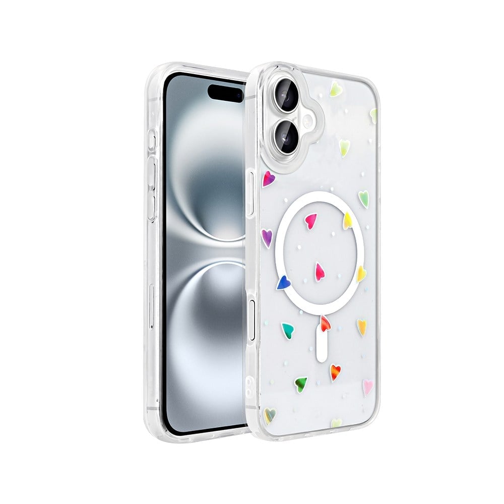 iPhone 16 Kılıf M-Safe Şarj Özellikli Şeffaf NVTH Folk Sert Kapak - Kalp