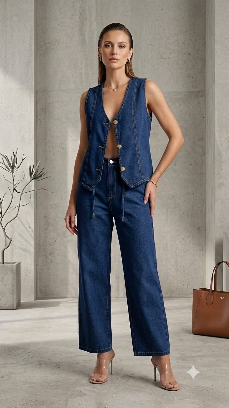 Denim Yelek Pantolon Alt Üst Takım