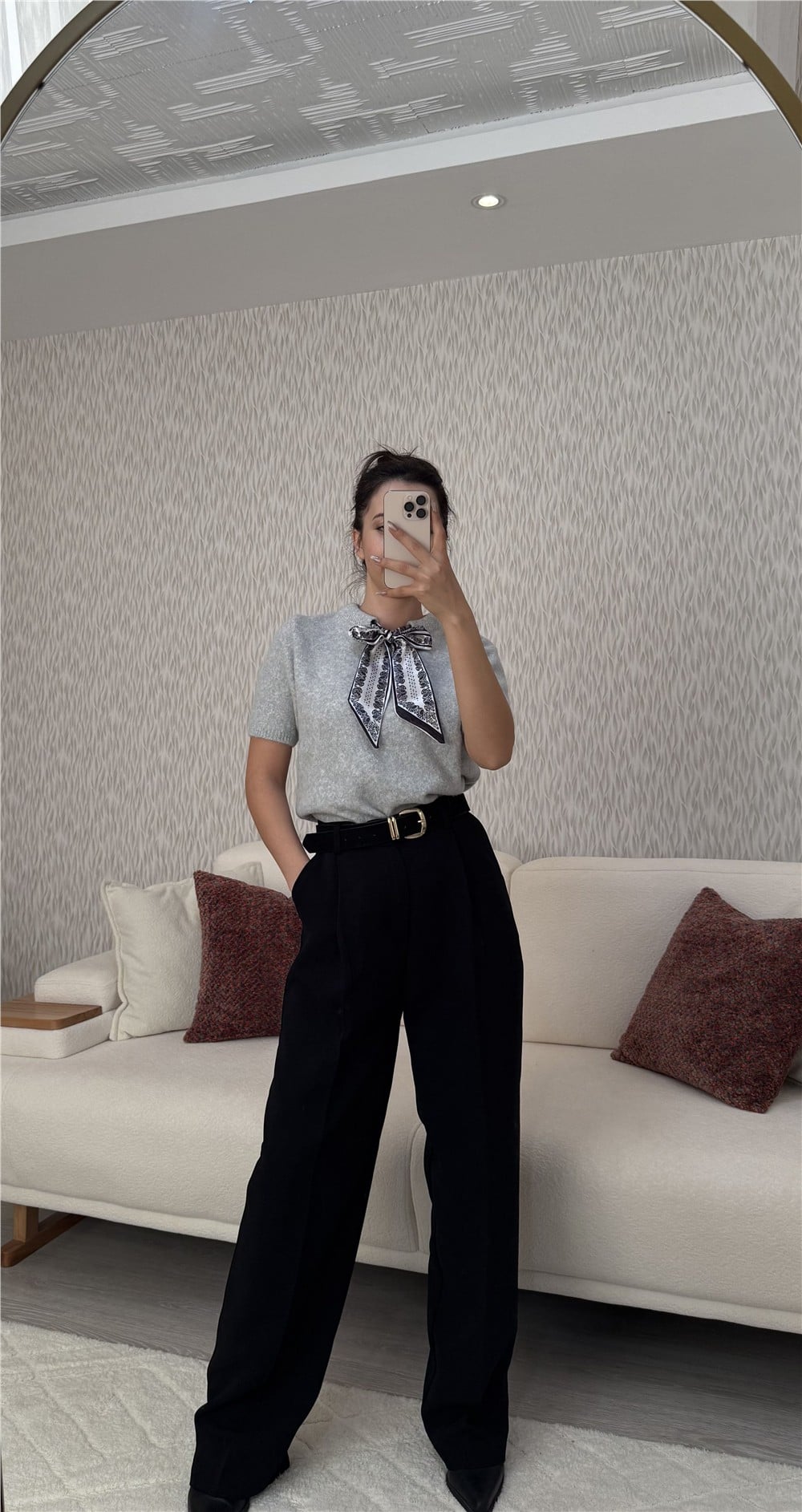 Fularlı Gri Triko Tshirt Gri