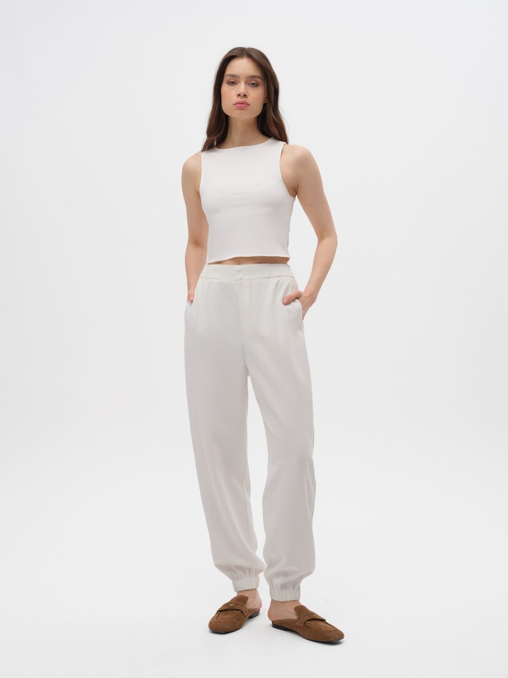 Piarbi %100 Geri Dönüştürülmüş Dokuma Pantolon - Off White Yan Dikiş Detaylı Jogger