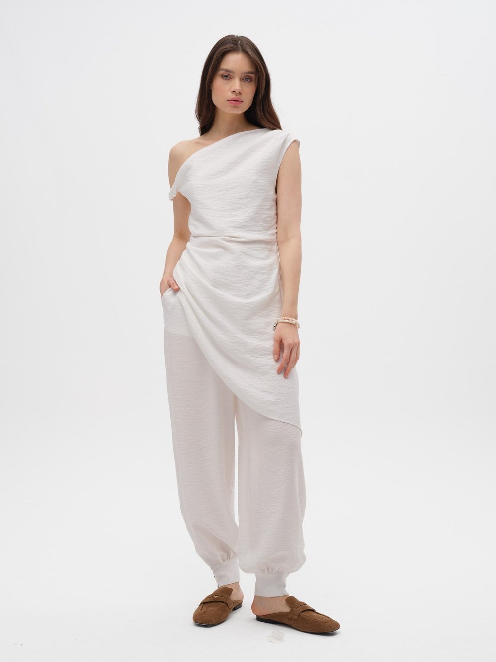 Piarbi Asimetrik Drapeli Uzun Bluz - Ekru Premium Viskon Karışımlı Akışkan Tasarım Long Blouse