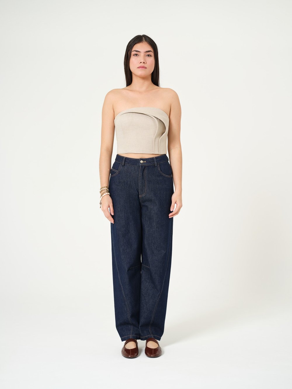 Piarbi Asimetrik Hacimli Straplez Bluz - Bej Keten Karışımlı Voluminous Strapless Top
