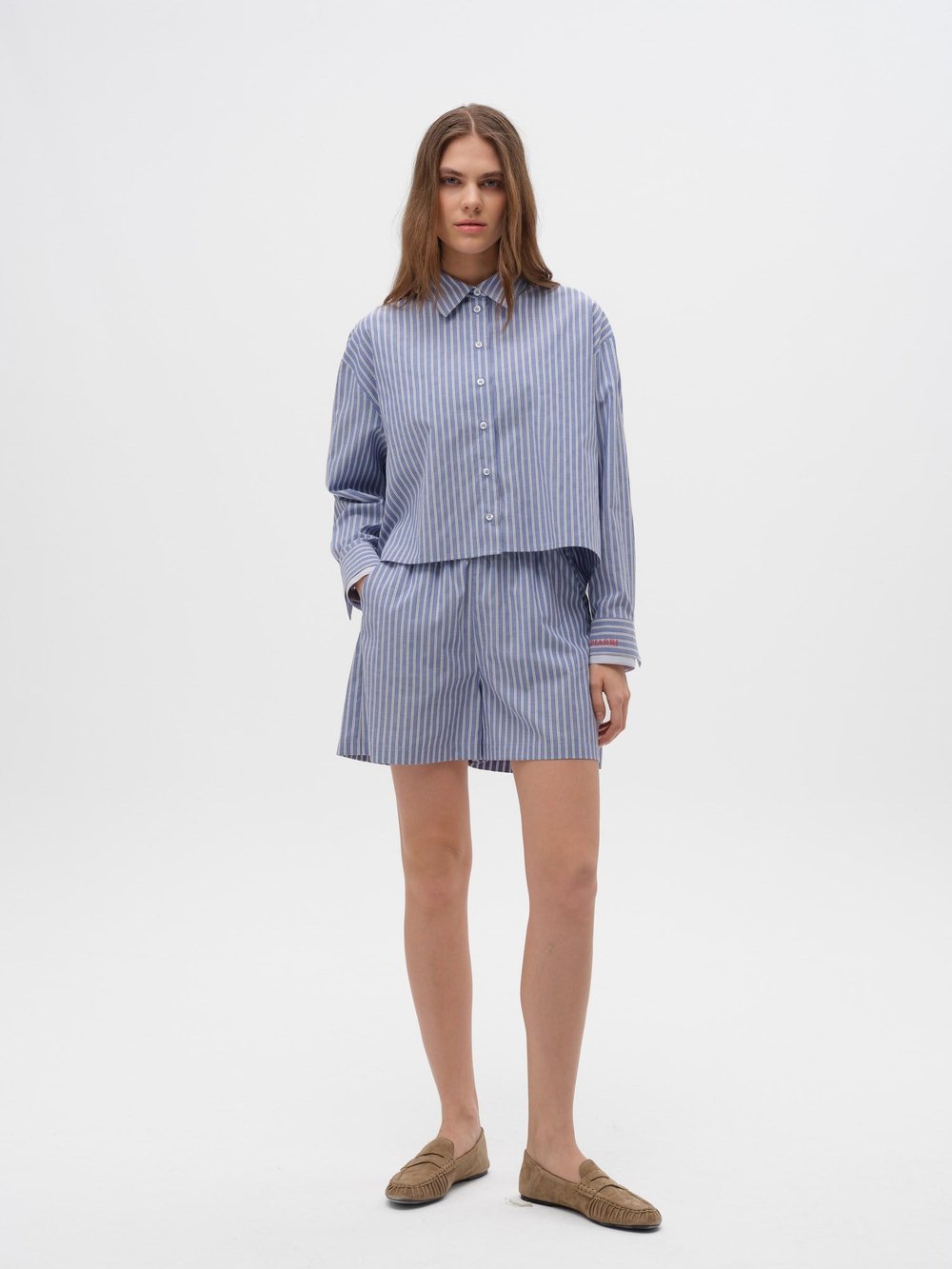 Piarbi Çift Manşetli Çizgili Kutu Form Gömlek - Mavi Beyaz Premium Cotton Blend Box-Shaped Shirt