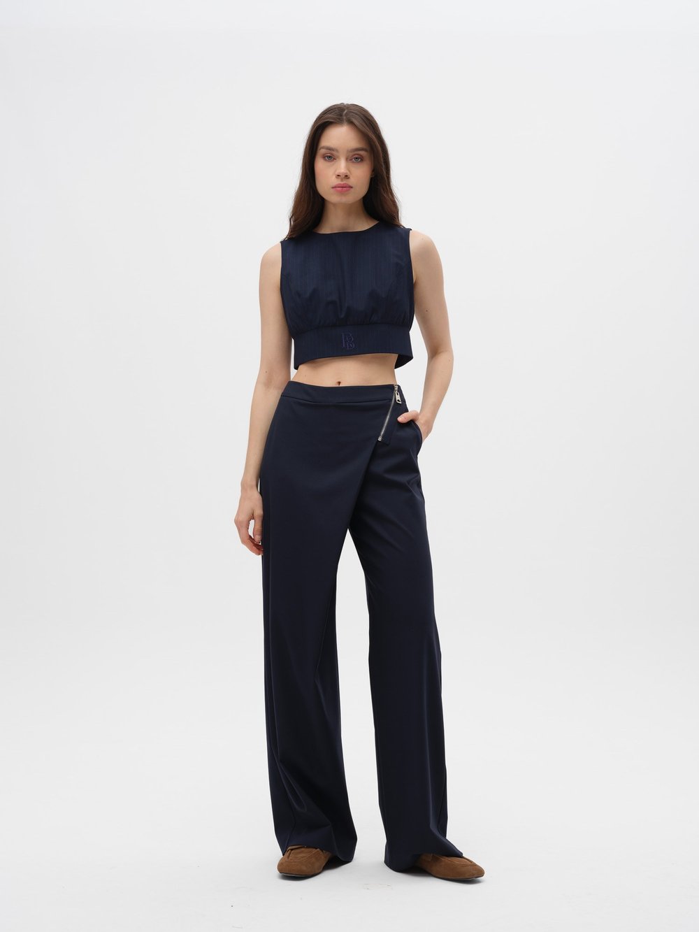 Piarbi Fermuarlı Nakış Detaylı Çizgili Crop Top - Lacivert Premium Viskon Karışımlı Zip-up Striped Top