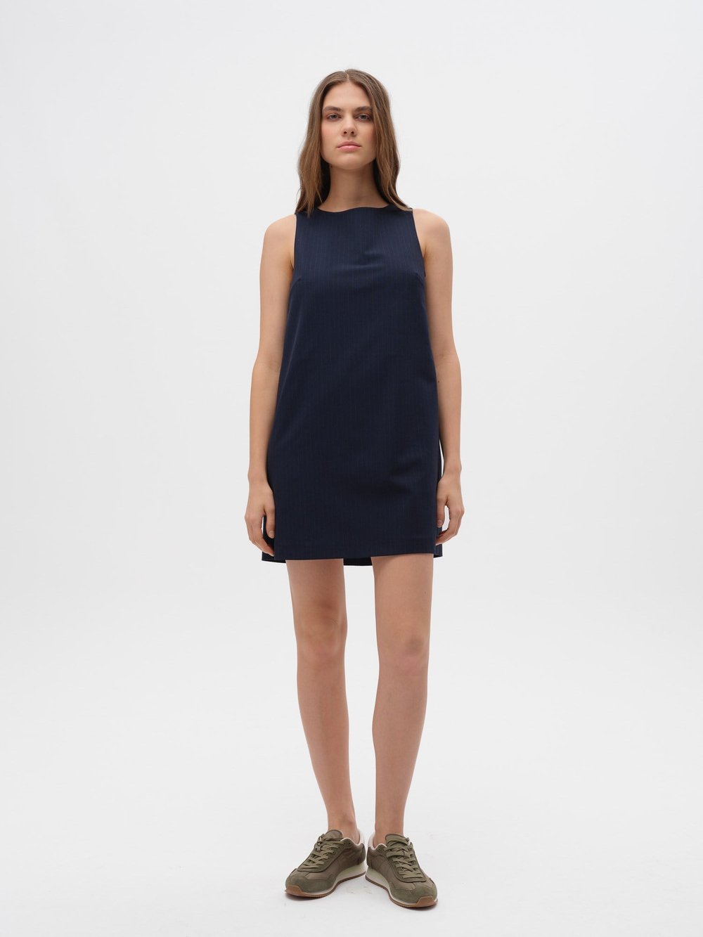 Piarbi Kolsuz Çizgili Mini Elbise - Lacivert Premium Viskon Karışımlı Tasarım Short Dress