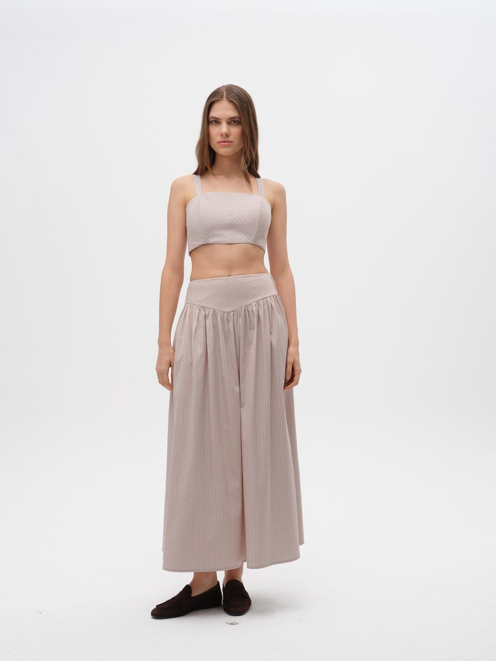 Piarbi Korse Kemer Detaylı Çizgili Bol Kesim Etek - Bej Beyaz Premium Cotton Blend Bodice Skirt