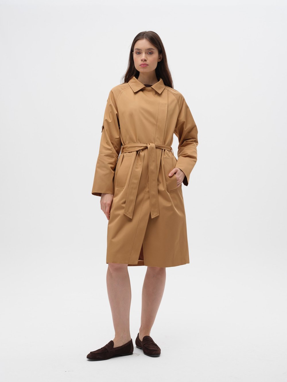 Piarbi Nakış Detaylı Asimetrik Trençkot - Camel Premium Modern Embroidery Trench Coat