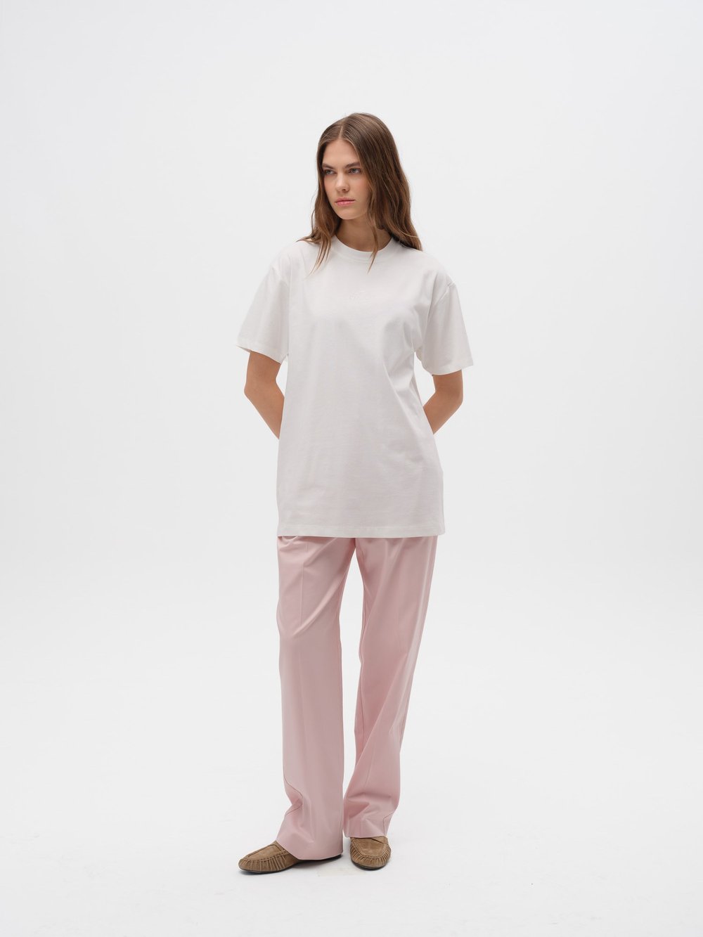 Piarbi Nakış Detaylı Loose Fit Tişört - Off White %100 Pamuklu Embroidered Detail Premium T-shirt