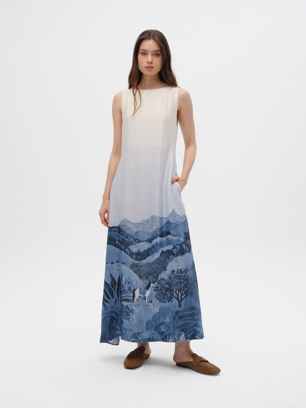 Piarbi Rahat Kesim Desenli Floş Viskon Uzun Elbise - Lacivert Premium Akışkan Sleeveless Maxi Dress