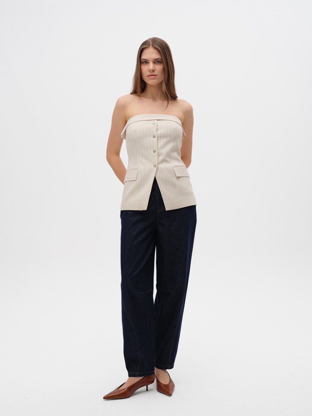 Piarbi Straplez Çıtçıt ve Fermuar Detaylı Çizgili Bluz Yelek - Krem Keten Karışımlı Premium Strapless Vest