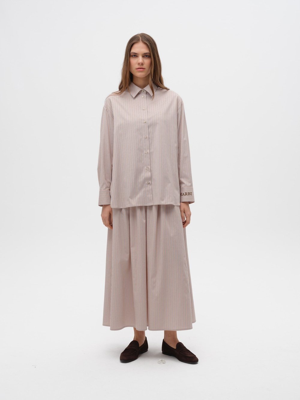 Piarbi Yan Düğme Detaylı Relaxed Fit Çizgili Gömlek - Bej Beyaz Premium Cotton Blend Oversize Shirt