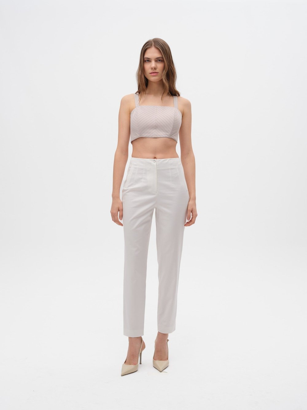 Piarbi Yüksek Bel Pens Detaylı Slim Pantolon - Off White Pamuk & Modal Karışımlı Premium Tasarım