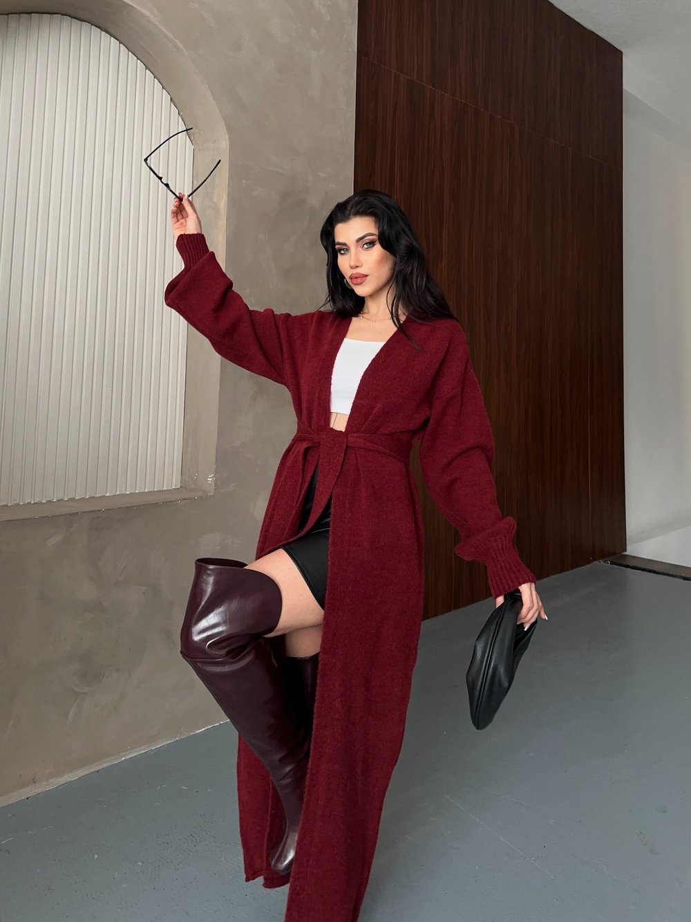 Belden Bağlamalı Tam Boy Hırka Bordo