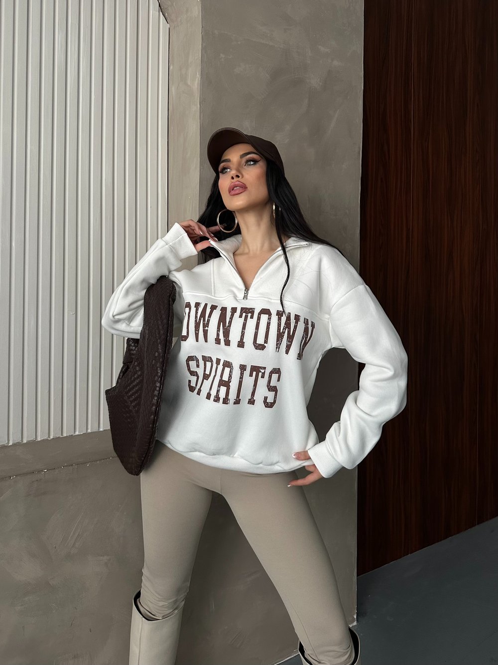 Down Town Baskı Sweaters Krem
