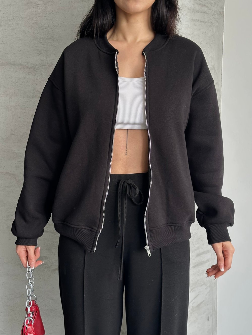 Fermuarlı Kolej Sweaters Siyah