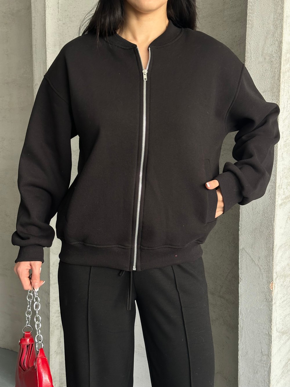Fermuarlı Kolej Sweaters Siyah