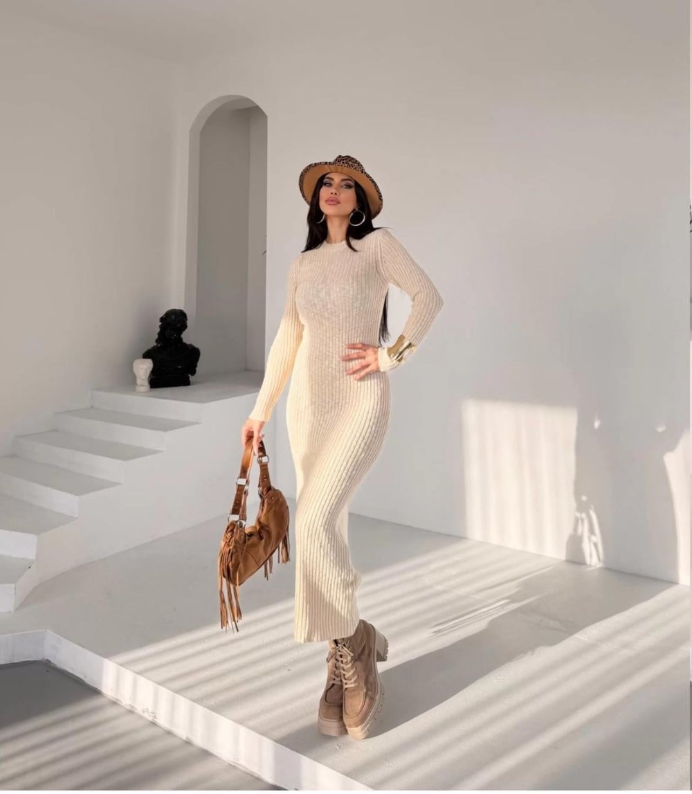 Fitilli Triko Elbise Krem