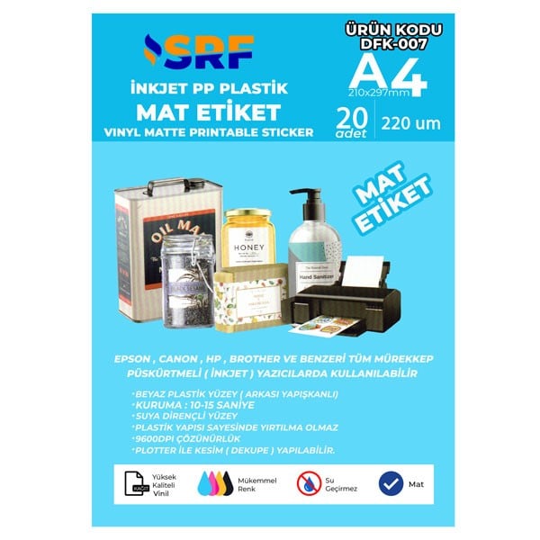 SRF Yapışkanlı İnkjet PP Beyaz Plastik A4 MAT Etiket (20 adet)