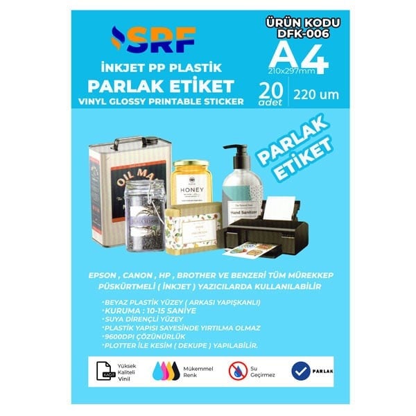 SRF Yapışkanlı İnkjet PP Beyaz Plastik A4 Parlak Etiket (20 adet)