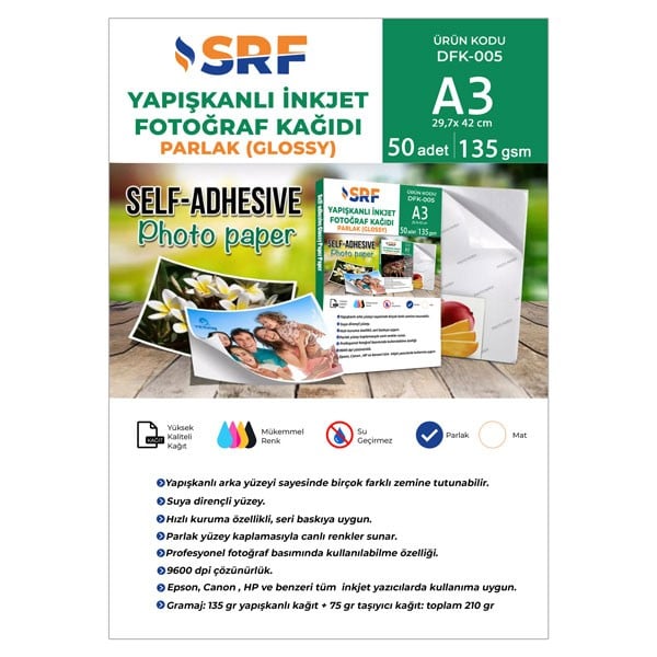 SRF Yapışkanlı İnkjet Parlak Fotoğraf Kağıdı 135 gr (50 adet A3)
