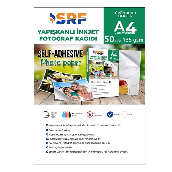 SRF Yapışkanlı İnkjet Parlak Fotoğraf Kağıdı 135 gr (50 adet A4)