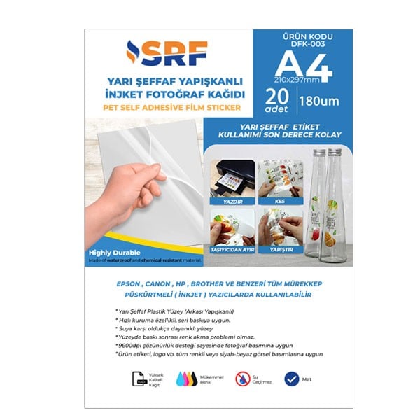 SRF Yapışkanlı İnkjet Yarı Şeffaf Plastik  Etiket (20 adet A4)
