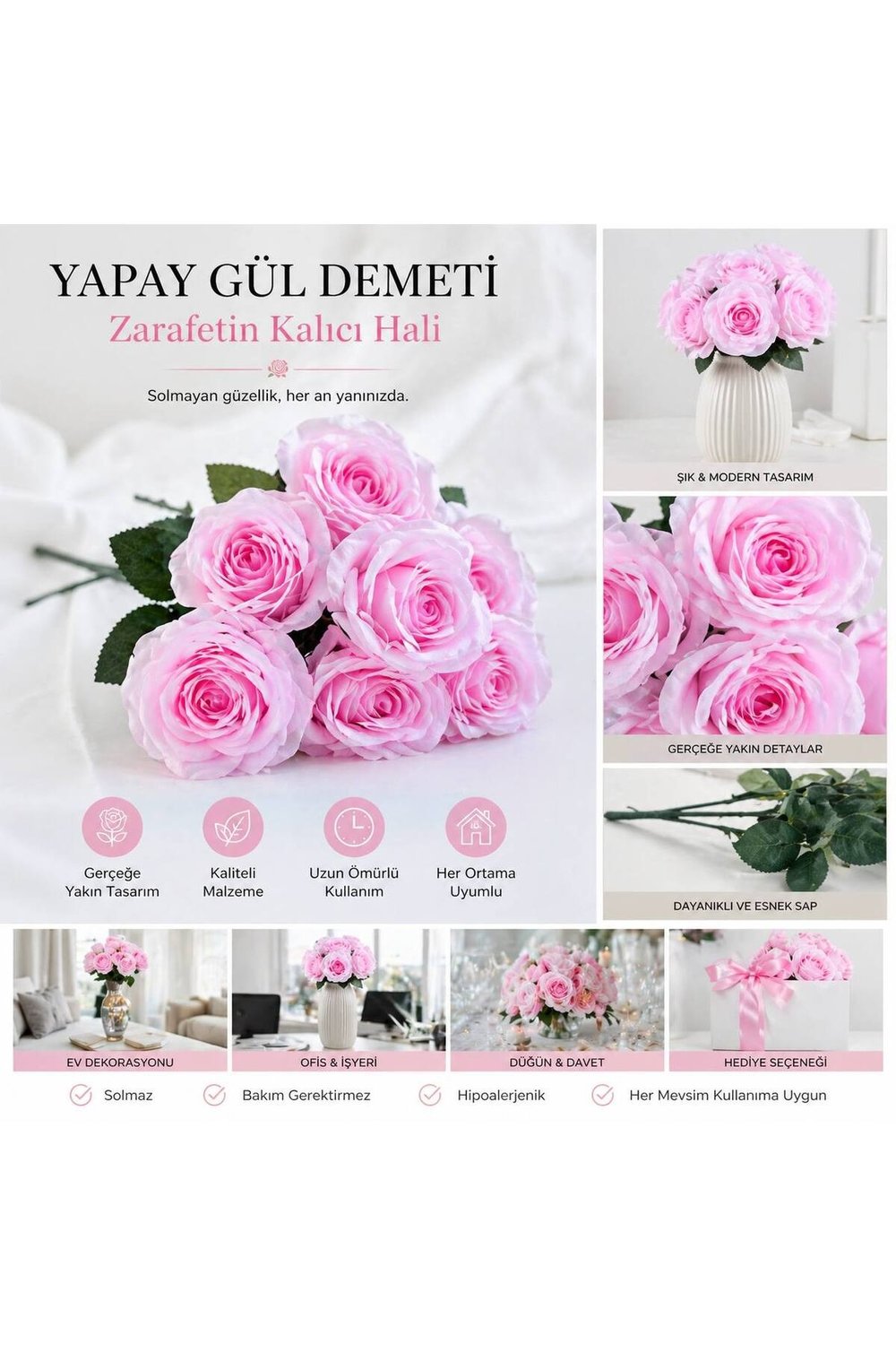 Dekoratif Şık Tasarım Solmayan Pembe Yapay Gül Demeti