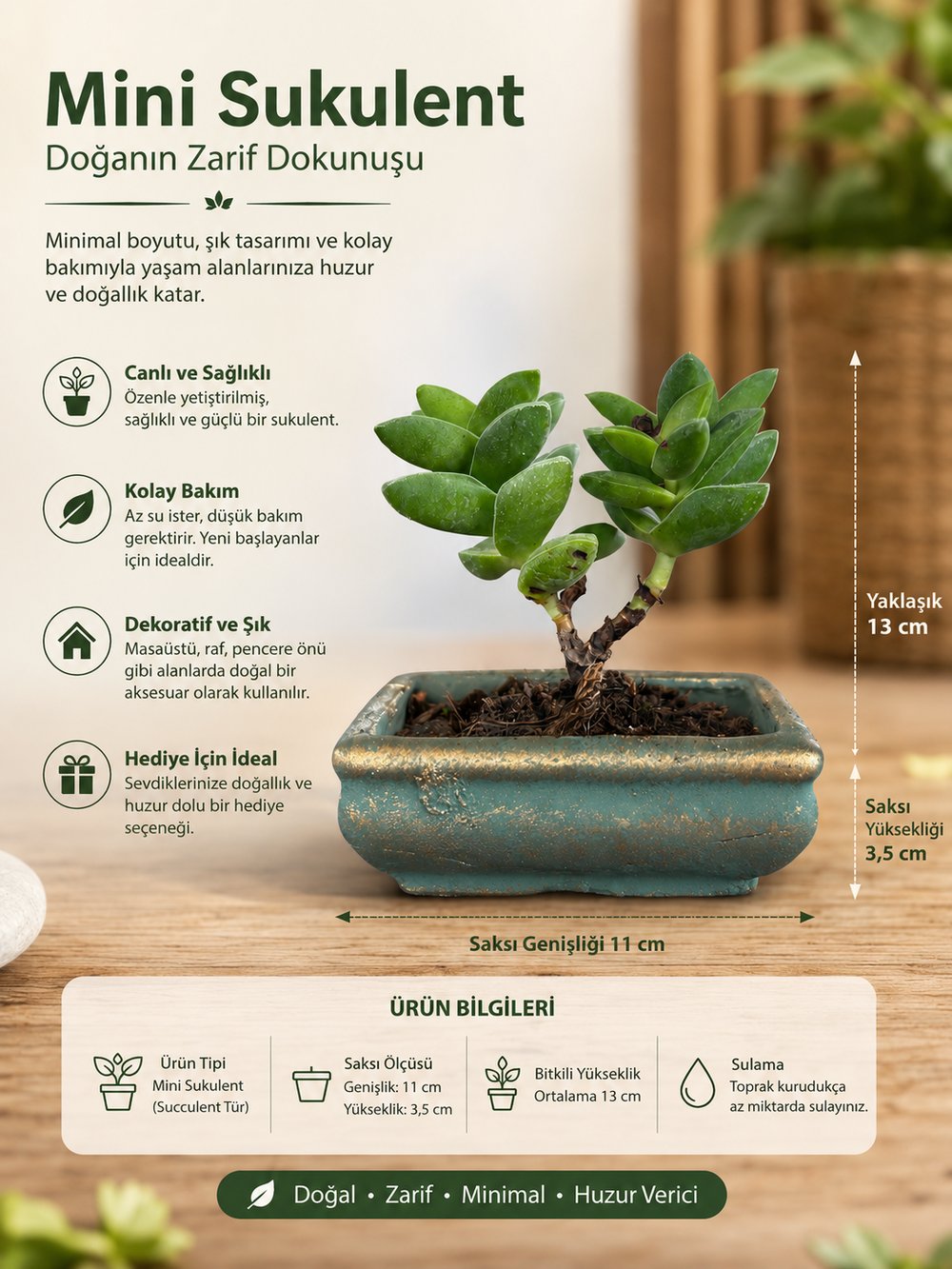 Mini Crassula Perforata Sukulent – Dekoratif Seramik Saksılı Canlı Bitki