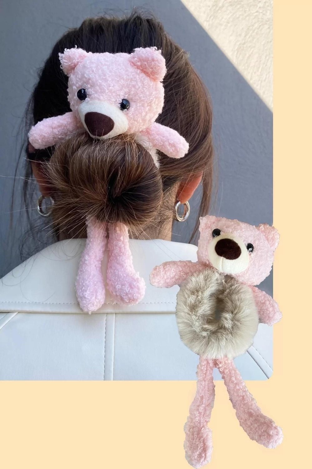 Pembe Renk Krem Peluş Detaylı Ayıcık Figürlü Simit Toka