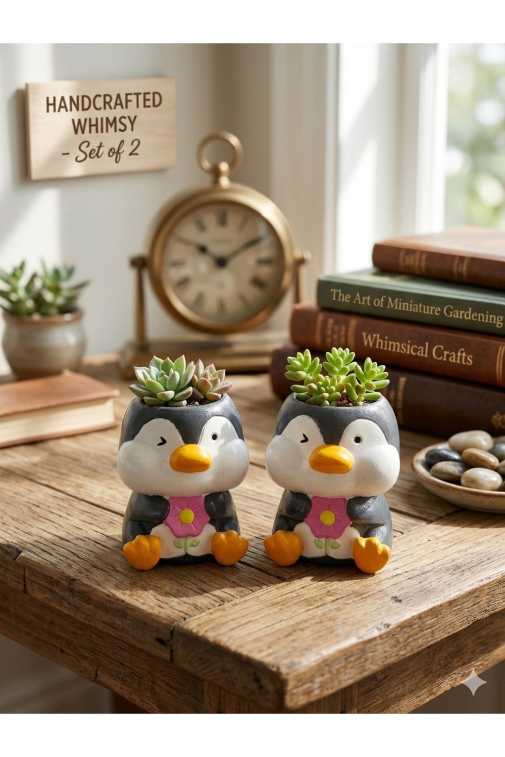 Penguen Figürlü 2'li Mini Sukulent Saksı Seti - El Yapımı Dekoratif Hediyelik Saksılı Kaktüs