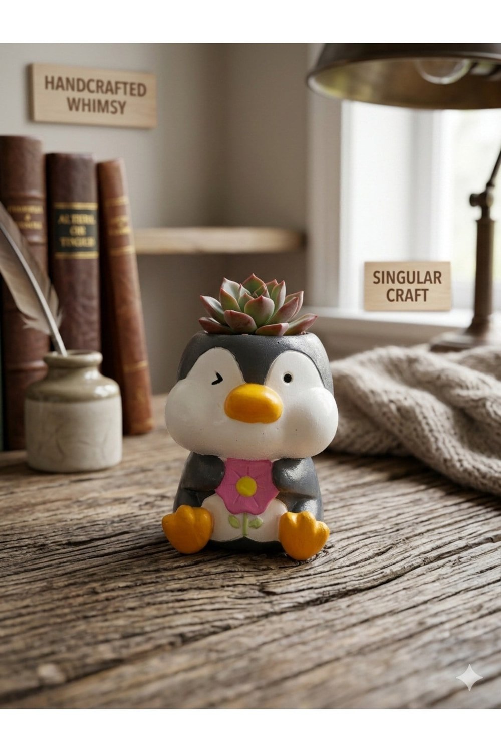 Penguen Tasarım El Yapımı Seramik Saksı - Dekoratif Mini Çiçeklik & Ofis Masa Üstü Hediyelik Obje