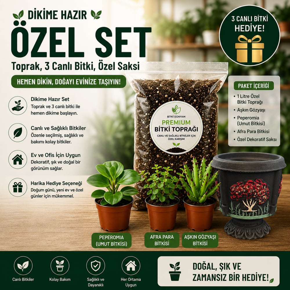 Premium Dikime Hazır Bitki Seti | Toprak, 3 Canlı Bitki ve Dekoratif Saksı 3