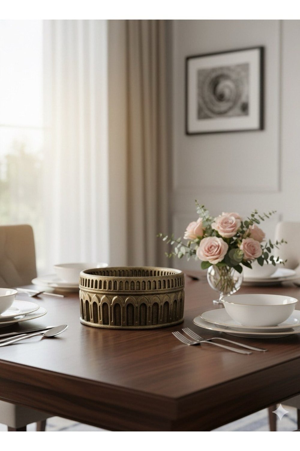 Roma Tasarım Modern Ve Şık Gümüş Detaylı Eskitme Kolezyum Taş Saksı 21*10 (Çiçeksiz)