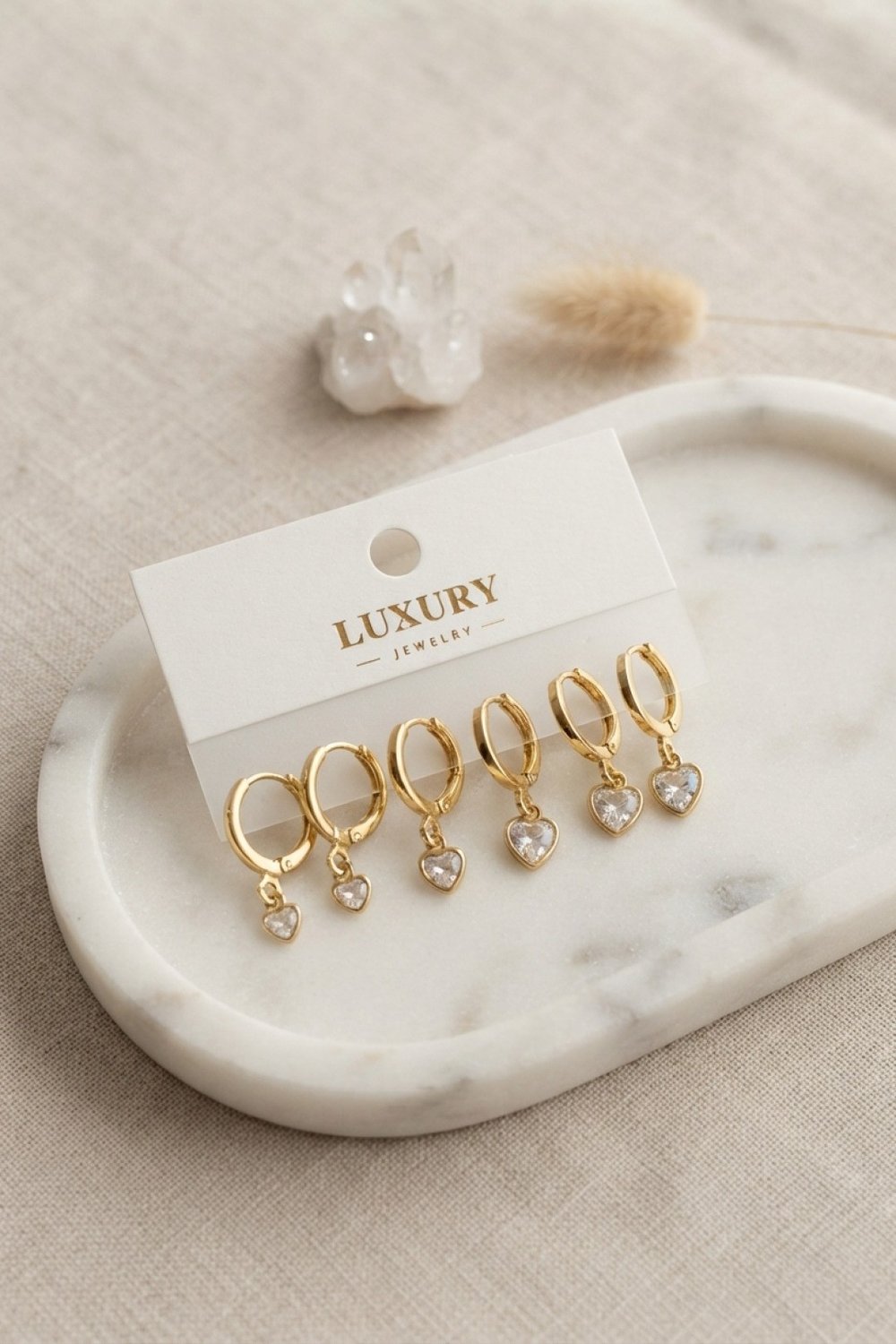Kalp Zirkon Taşlı Gold Renk Pirinç Set Küpe