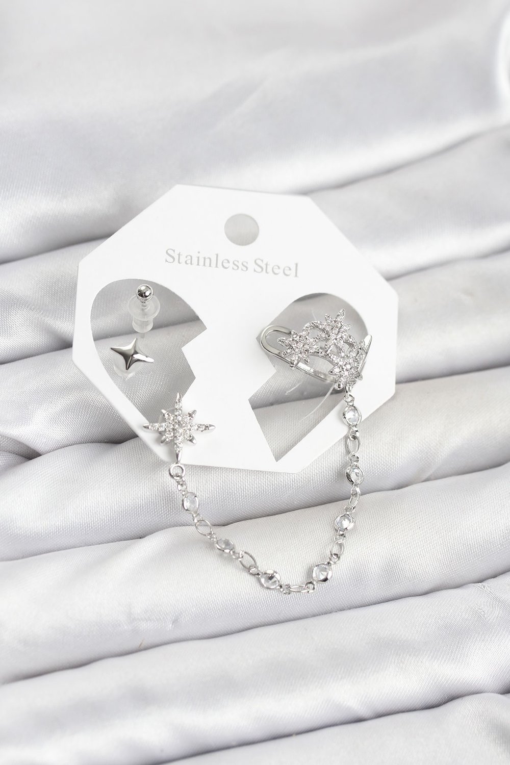 Kutup Yıldızı Model Pirinç Gümüş Renk Zincir Bağlantılı Ear Cuff Küpe Seti