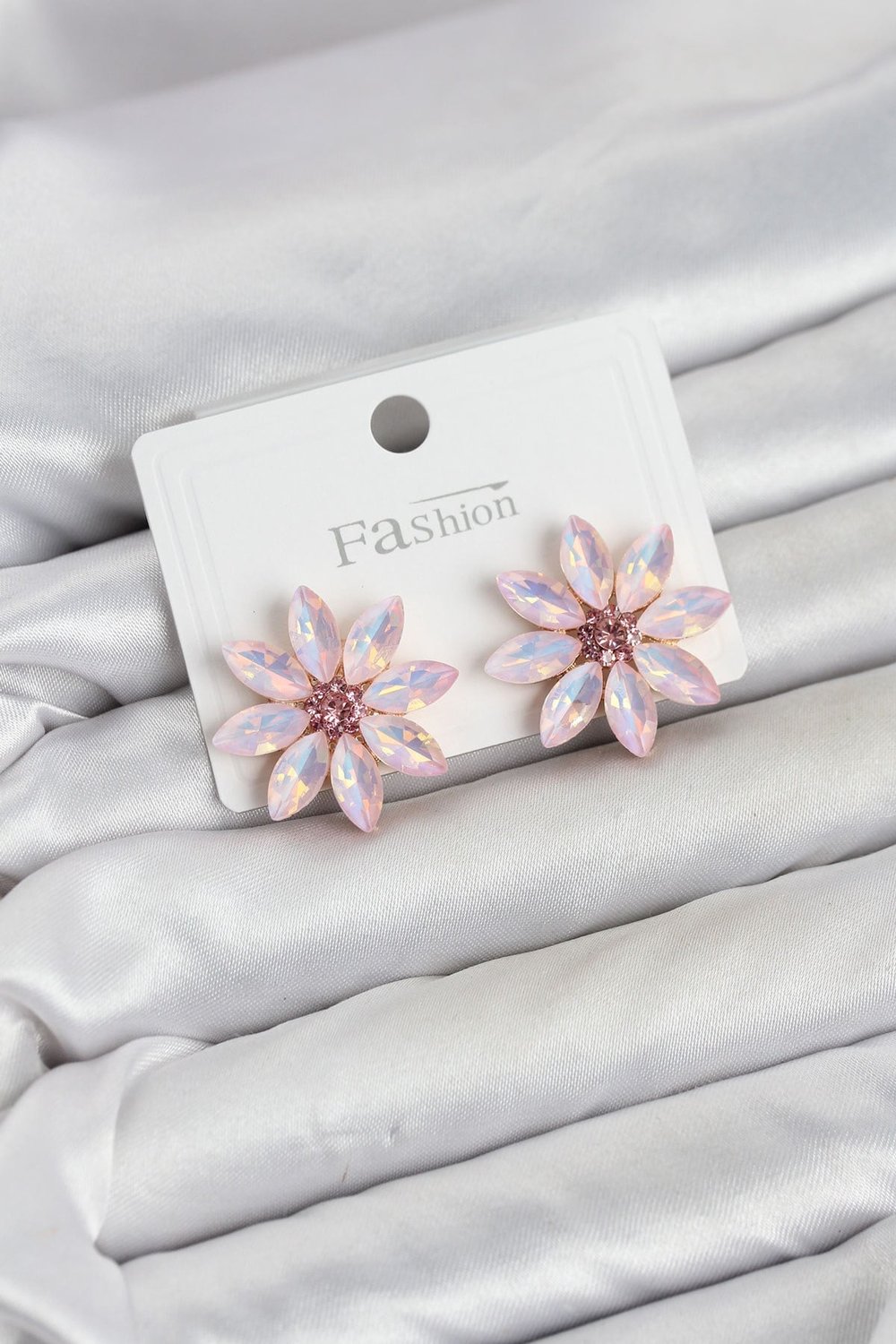Pembe Renk Kristal Taşlı Lotus Çiçek Model Kadın Küpe