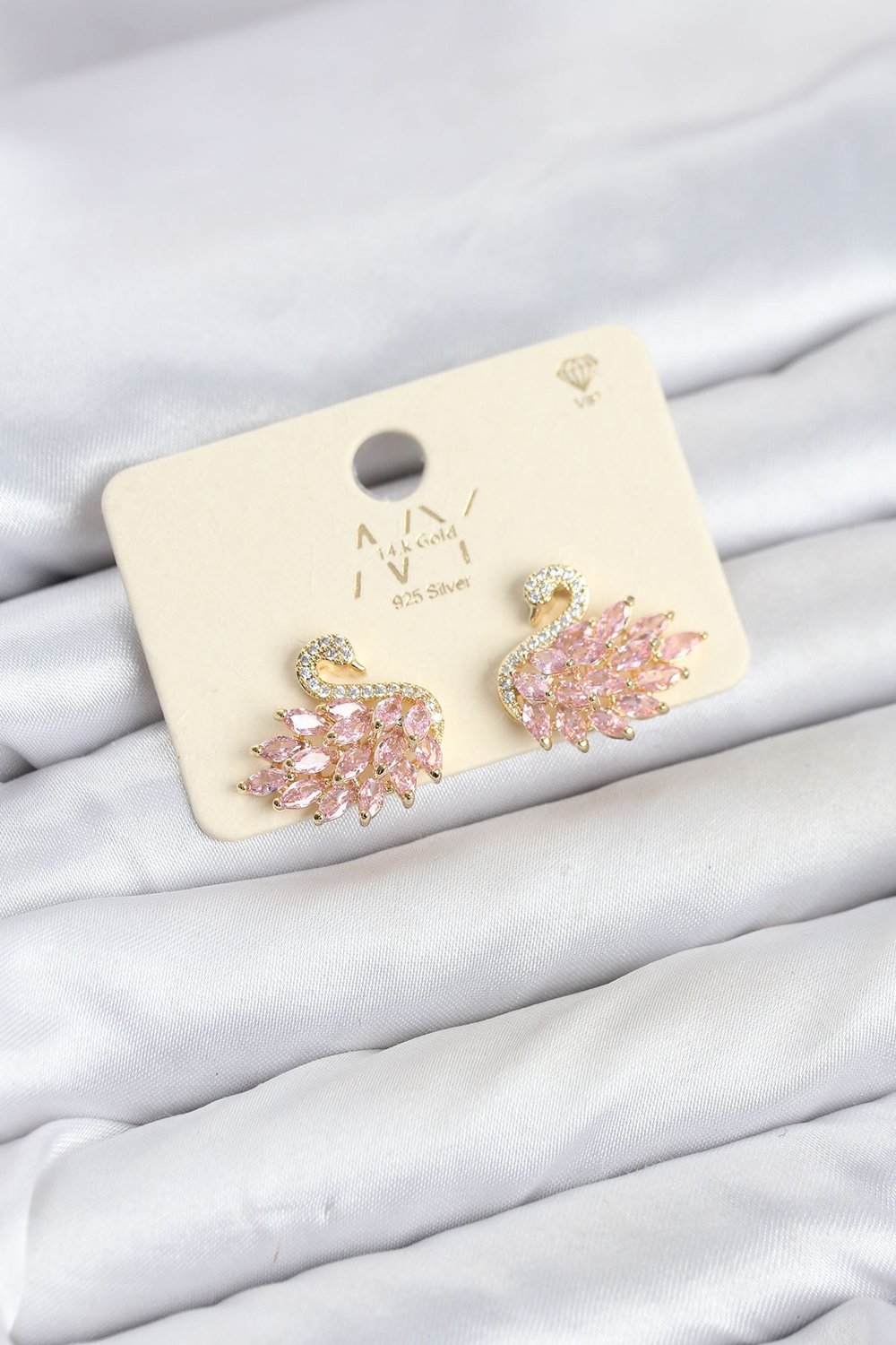 Pembe Zirkon Taşlı Gold Swan Kuğu Model Kadın Küpe