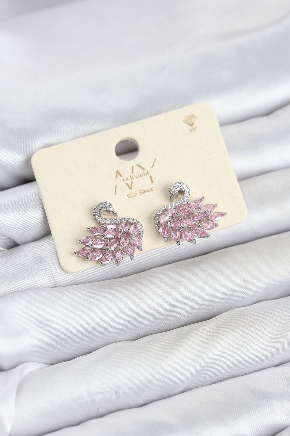 Pembe Zirkon Taşlı Gümüş Swan Kuğu Model Kadın Küpe