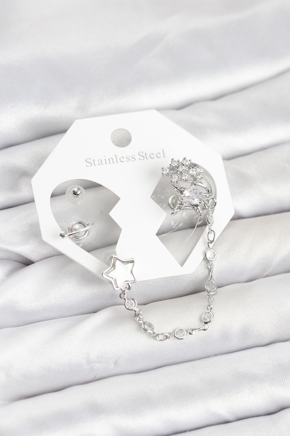 Pirinç Gümüş Renk Yıldız Model Zincir Bağlantılı Ear Cuff Küpe Seti